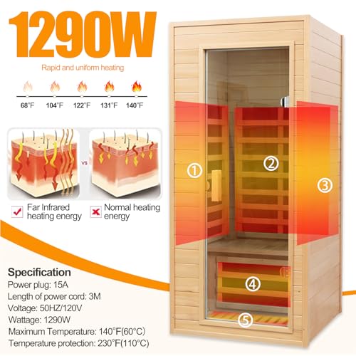 Salusheat 901GH-1 Far Infrared Sauna, 1 Person Infrared Sauna, Canadian Hemlock Wood 1290W Low-Emf Infrared Saunas thumb #2