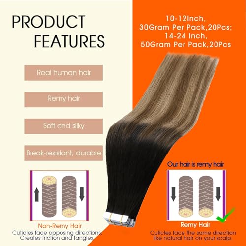 Image of Full Shine Hair Extensions Remy Tape in Hair Extensions Human Hair 14Inch Tape in Extensions Black To Brown Mixed Blonde Hair Extension Seamless Straight 50G 20Pcs for Women