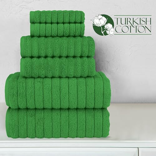 Image of Elegant Comfort 100% Turkish Cotton Corduroy Ribbed Luxury Bath Towels 6-Piece Set, Premium Feel - Quick Dry, Highly Absorbent, Contains 2 Bath Towels, 2 Hand Towels, and 2 Washcloths, Emerald Green