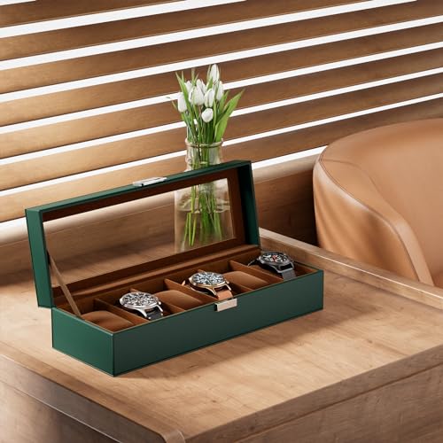 Image of ProCase Watch Box for Men, 6 Slot Watch Display Case Mens Watch Box Organizer, PU Leather Watch Cases for Men Watch Storage, Father's Day Gift Watch Holder Organizer -6Slot, MidnightGreen