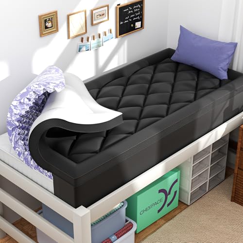Image of ChiXpace Dual Layer 4 Inch Memory Foam Mattress Topper Twin XL - 2 Inch Gel Memory Foam and 2 Inch Pillow Top Mattress Pad, 7-Zone Egg Crate Twin XL Size Mattress Topper (Black-White)