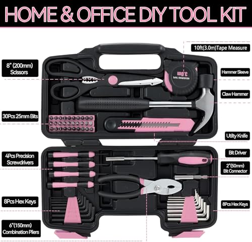 MARTCOLOR 58 Piece Household Tool Set, General Household Hand Tool Kit with Plastic Toolbox Storage Case, All Purpose Household Tool Kit for Women, Girls and Ladies, Pink