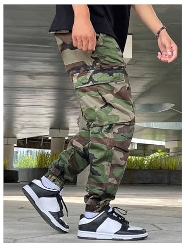OYOANGLE Men's Camo Print Drawstring Elastic Waist Jogger Pants FLA Pocket Cargo Pants2