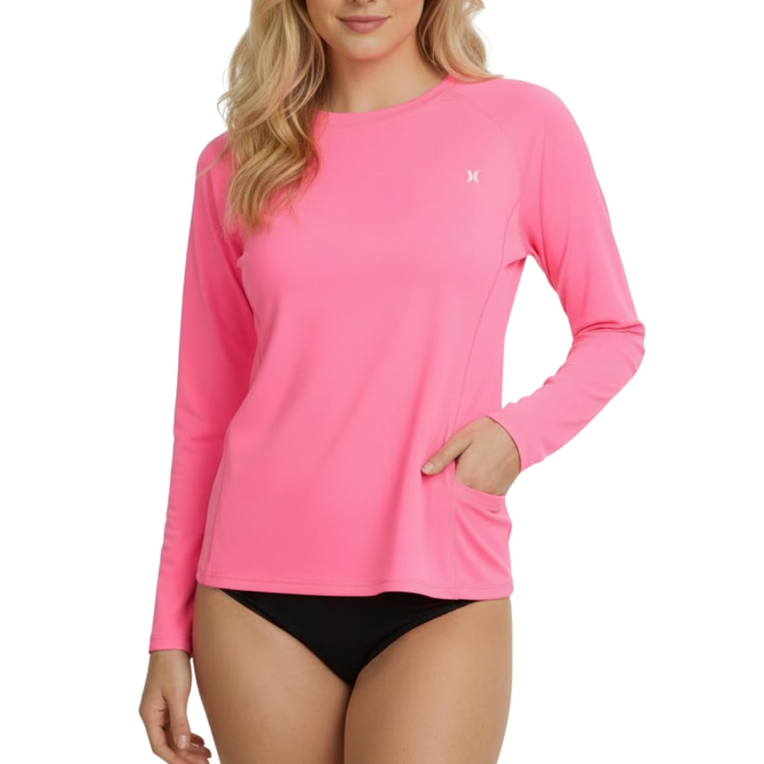 hurley women's long sleeve rash guard with pockets, spf 50+ sun shirt