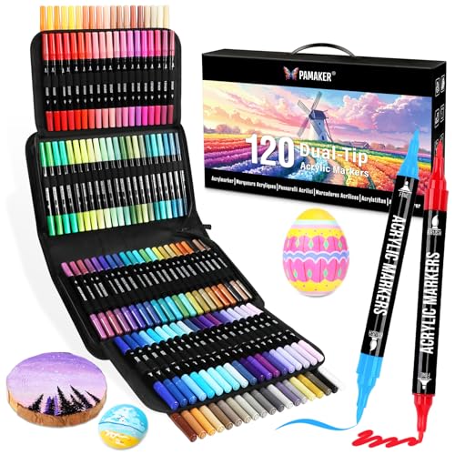Pamaker 120 Farben Acrylstifte Set Doppelseitige Spitzen Multimarker für Steine Holz Stoff Leinwand Glas Keramik in Stofftasche Vielseitige Acrylfarben für Künstler & DIY Projekte