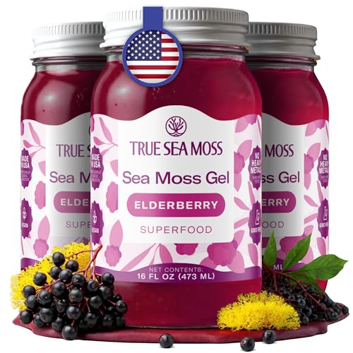 TrueSeaMoss Sea Moss Gel – Made in USA – Wildcrafted Seamoss, Fruits &amp; Jarred Vegetables – Elderberry, Pack of 3 (Labels may Vary)