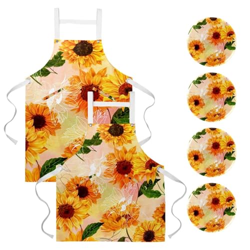 Tablier de cuisine à motif tournesols idéal pour la pâtisserie et le service en bar