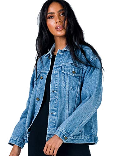 Honeyuppy Denim Jacket for Women Oversized Vintage Washed Long Sleeve Classic Loose Casual Jean Trucker Jacket (S, Pale Blue Washed)