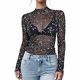 GWAWG Haut Paillettes Femme, Top Transparent à Paillettes Noires, Haut Soirée Femme avec Étoiles Argentées, Top Dentelle Femme Manches Longues, T Shirt Transparent Élégant pour Fête et Carnaval