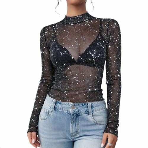 GWAWG Haut Paillettes Femme Top Transparent à Paillettes Noires Haut Soirée Étoiles Argentées Top Dentelle Manches Longues Fête Carnaval (FR/ES, Alpha/Lettres, L, Taille Normale, Taille Normale)