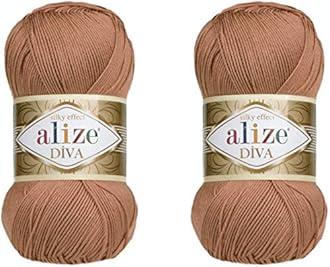 Alize Diva Yarn Hand Knitting Yarn 100% Microfiber Acrylic Yarn Alize Diva Silk Effect Thread Crochet Art Lace Craft Lot of 2 skeins 200gr 767 yds (261-Red Brown)