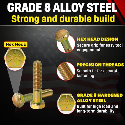 Image of Chenango Supply 5 /8-11 x 2-1 /2 inch Grade 8 Hex Head Cap Screws | Alloy Steel Hex Bolts, 150,000 PSI Tensile Strength, Yellow Zinc Chromate Finish, USS Coarse Thread Fasteners, (10 Pack)
