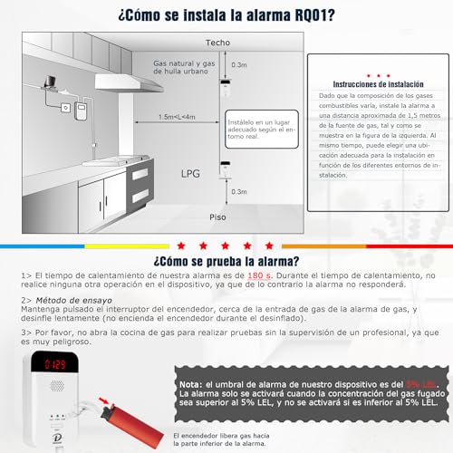 Miniatura 5 de D Modun - Detector De Gas, Gas Natural Lpg Detector De Fugas De Gas De Carbón, Monitor De Gas Con Enchufable Con Alarma De Sonido Y Pantalla Led, Alarma De Gas Combustible Metano Propano Butano