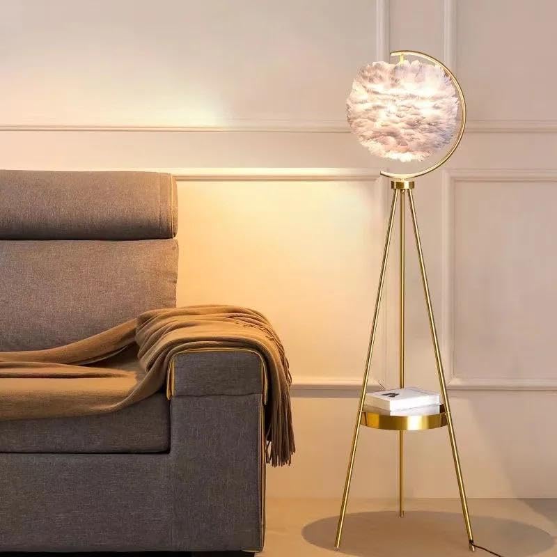 Image of blissbells Modern Feather Shade Tripod Floor Lamp with Gold Metal Frame | Decorative Standing Lamp for Living Room, Bedroom, Corner Lighting | Elegant Nordic Home Decor Floor Light