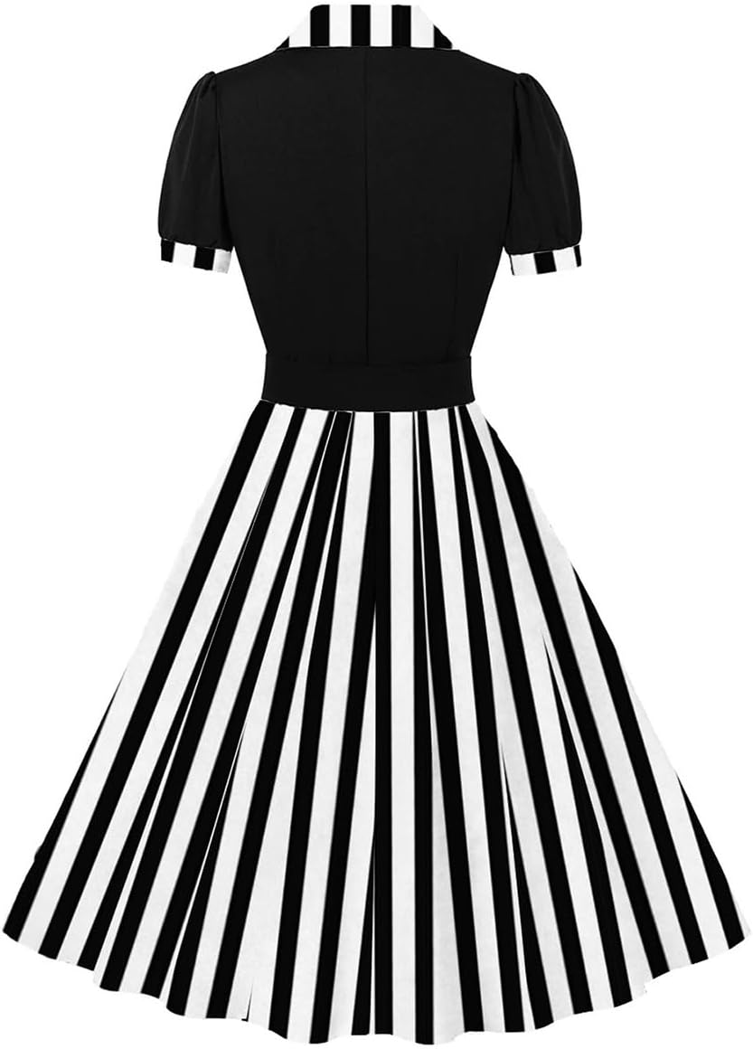 IWEMEK Lapel Collar 50s Vintage Dress for Women 1950s Polka Dot Retro Cocktail Swing Dress with Belt Audrey Hepburn Dresses - Image 4