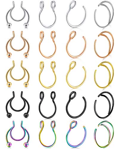 QWALIT Fakes Nose Ring Fake Septum Jewelry Face Faux Septum Nose Rings Hoop Moon Stainless Steel Non Piercing Clip on Lip Cartilage Earrings Hoops Feaux Nose Rings Gold Silver Black Rose Gold Rainbow