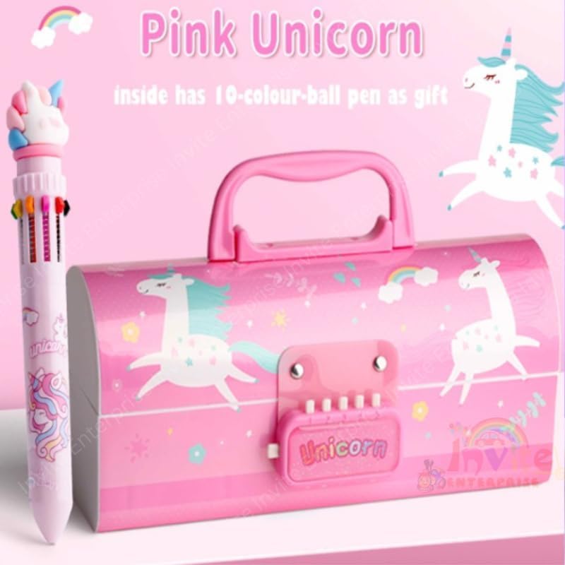 Image of WORSHIPER New Cartoon Theme Pencil Box with Push Pull Eraser Set for Kids | Suitcase Style Password Lock Stationery Organizer | School Supplies Gift Combo for Boys & Girls (Pink Unicorn + Eraser)
