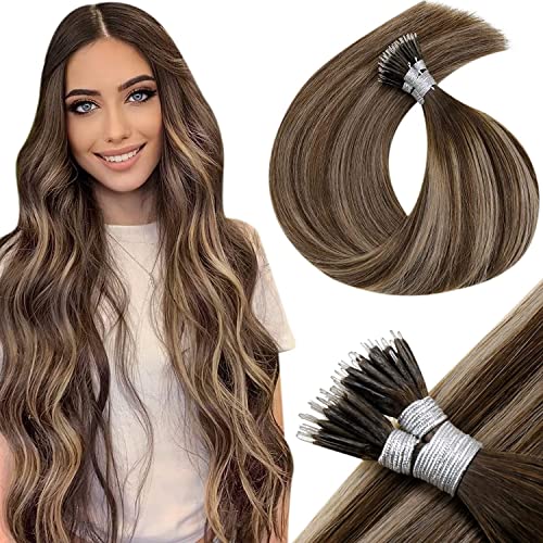 LaaVoo Nano Hair Extensions Real Human Hair Dark Brown Nano Beads Hair Extensions 22 Inch Balayage Ash Blonde Invisible Nano Ring Straight Remy Hair 50g 50s #4/18/4