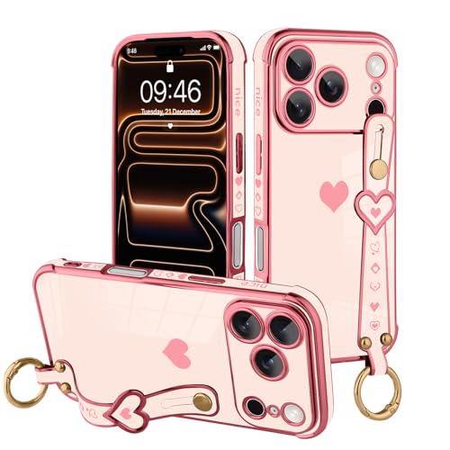 Coque iPhone 17 Pro Max avec dragonne et motif cœurs mignons rose