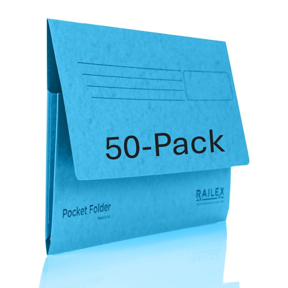 Railex Pocket Folder Foolscap Document Wallets - Turquoise Folders Pack of 50 for Paperwork A4 and A4+, Recycled Board File Foolscap Document Wallet, Premium Filing Folder for Office and Home