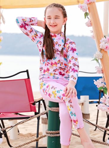 Image of Girls Two Piece Swimsuit Long Sleeve Floral Bathing Suit UPF 50+ Summer Beach Swimwear