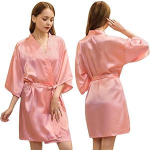 Dames Nachthemd Imitatie Zijde Kimono Robe Glanzende Solid Color Dunne Cardigan Robe Summer Short Bathrobe chenghuax (Color : Sunset red, Size : 2X-Large)