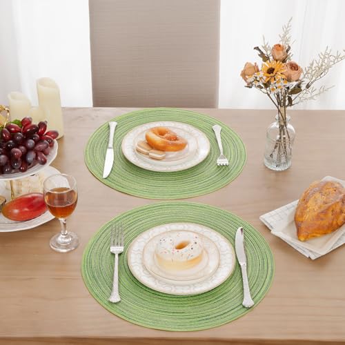 Image of SHACOS Round Placemats Set of 6 for Dining Tables 15 inch Cotton Braided Placemats Washable Reversible for Kitchen Holiday Party (Mixed Color Pea Green, 6)