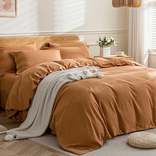 Image of JELLYMONI Cotton Duvet Cover Cal King Size - Burnt Orange Comforter Cover with Button 100% Washed Cotton 3PCS Breathable Soft Solid Bedding Set Duvet Cover 104x98in & 2 Pillowcases (NO Comforter)