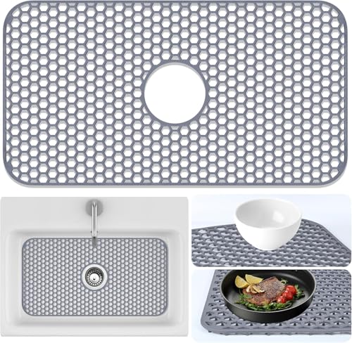 Sink Protectors Mat - 25.79'x13.98' Kitchen Sink Pad for Bottom of Basin for Protection of Stainless Steel and Tableware, Farmhouse Rubber Basin Mat Protector with Center Drain - Light Gray