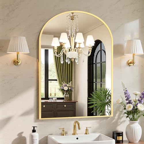Image of Sweetcrispy 38 inchx30 inch Arched Gold Bathroom Mirrors for Wall, Bathroom Mirrors for Over Sink, Metal Framed with HD Shatter-Proof Glass for Entryway, Living Room, Bedroom, Home Decor