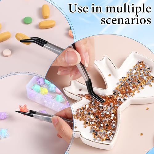 4 Pcs Stainless Steel Tweezers Set with Rubber Tips Tweezers Sewing Machine Tweezer Straight& Flat &Long Bent End Pincers Universal Tweezer for Jewelry Craft Coin Stamp Beads Lab Tongs - Image 3