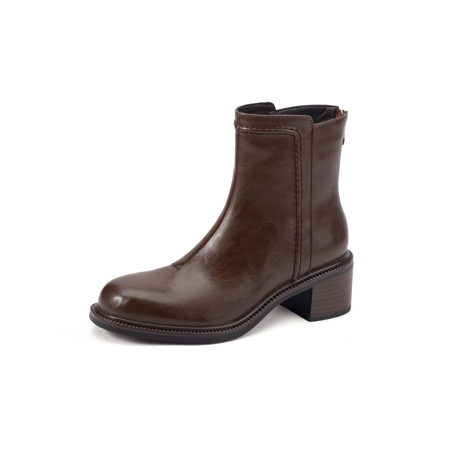 TinaCus Womens Retro Ankle Boots Handmade Genuine Leather Round Toe Back Zipper Chunky Heel Short Booties
