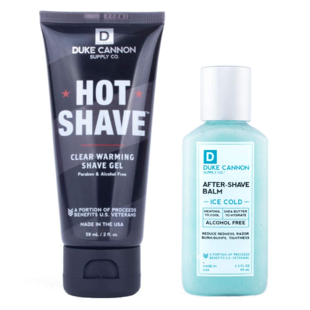 Duke Cannon Perfect Shave Set for Men - Travel Size: Hot Shave Clear Warming Shave Gel (2oz) + Ice Cold After-Shave Balm (2.3oz)