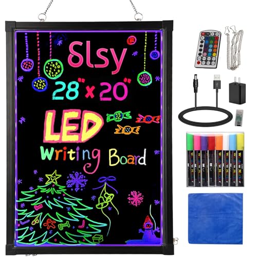 Slsy Illuminated LED Message Writing Board Erasable Neon Effect Menu Sign Board with 8 Fluorescent Makers, 12Colors Flashing Modes, Remote Control Message Board (28'X20')