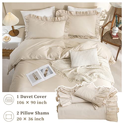 Image of QSH Washed Cotton Duvet Cover King Ruffle Duvet Cover Linen Feel Textured Farmhouse Shabby Vintage Chic Bedding Comforter Cover 3 Pieces Aesthetic Elegant King Bedding