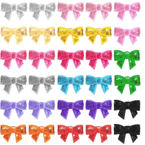 30 PCS Mini Bow Sequin Bowknot Embroidered Patches Bow Patch Glitter Bows Patches Shiny Small Red Bows Iron on Applique Embroidered Patch for Clothing, Bags, Jackets, Jeans DIY Accessory