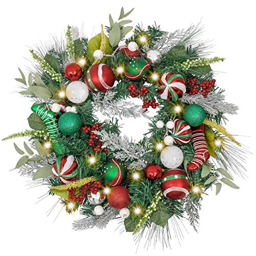 Valery Madelyn Pre-Lit Christmas Wreath for Front Door with Lights, 24 Inch Large Lighted Christmas Wreath with Red Green White Xmas Ball for Fireplace Window Outdoor Table Centerpiece Decoration