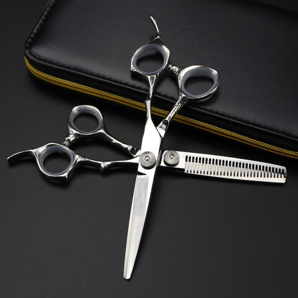 Taglio dei Capelli, Set Professionale per Parrucchieri da 6 Pollici, Acciaio 440C, Taglio dei Capelli in Argento, Forbici per Sfoltire, Parrucchiere（Set with Bag-B）
