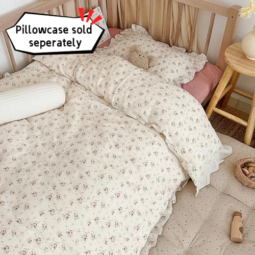 Image of BuLuTu Beige Kids Toddler Baby Duvet Cover Girls Muslin Duvet Covers Floral Nursery Quilt Cover Gauze Bedding Coverlet, 47 inchx59 inch, Crapemyrtle Print (No Pillowcases)