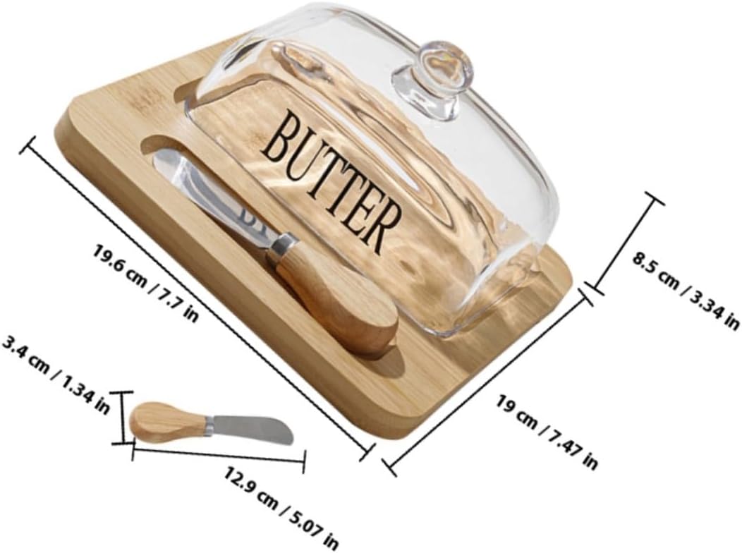 Wood Butter Dish with Glass Dome and Metal Cutter Airtight Butter Storage Box with Lid Nordic Style for Kitchen and Dining Use