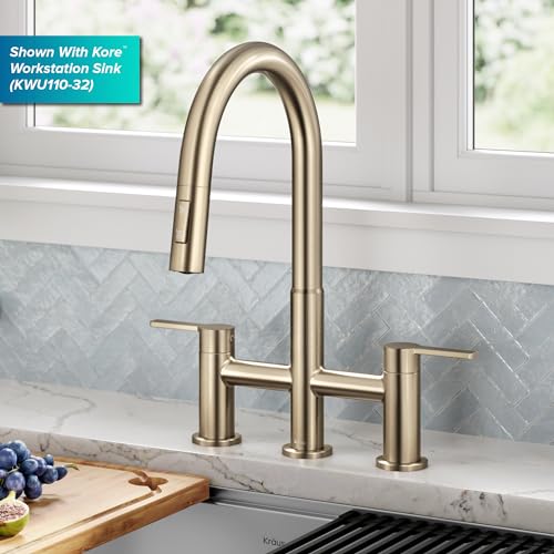 Image of KRAUS Oletto Bridge Kitchen Faucet with Pull-Down Sprayhead in Spot-Free Antique Champagne Bronze, KPF-3122SFACB