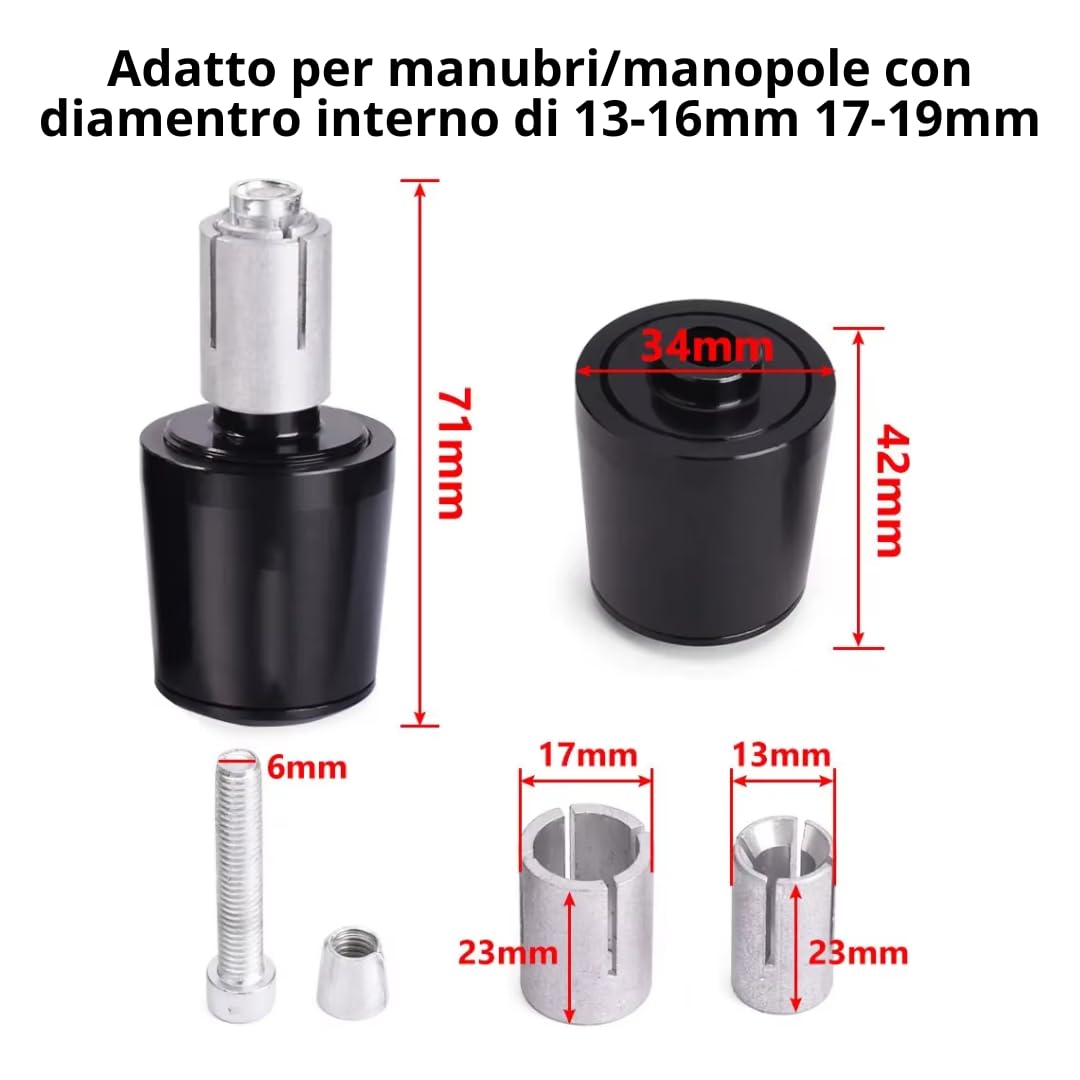 Contrappesi Manubrio Moto 22mm Universali, Contrappesi Manubrio Scooter, Bilancieri Manubrio Scooter Moto, Terminali Manubrio, Terminali Manopole Moto, Tappi Manubrio Moto Scooter in Alluminio CNC