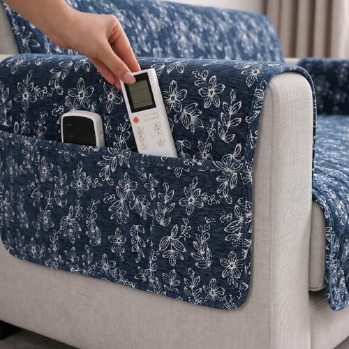 Image of STITCHNEST 'Opulence Series' Floral Woven Sofa Cover for 1 Seater | Premium Soft Fabric Sofa Protector | Blue Floral Pattern with Armrest Pockets | Durable Living Room Furniture Cover