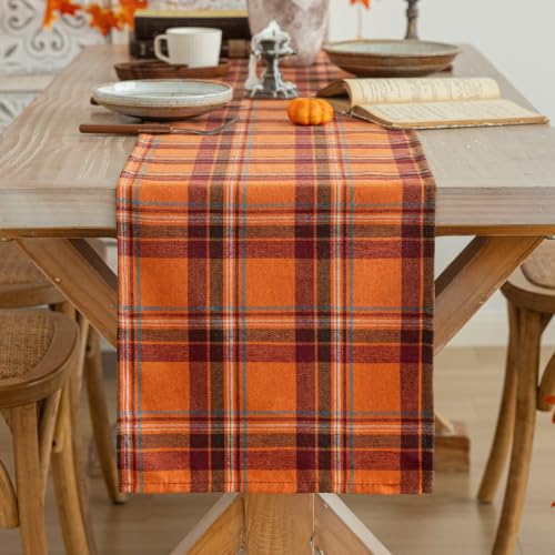 AQOTHES Plaid Fall Thanksgiving Orange Red Table Runners 72 inches Long