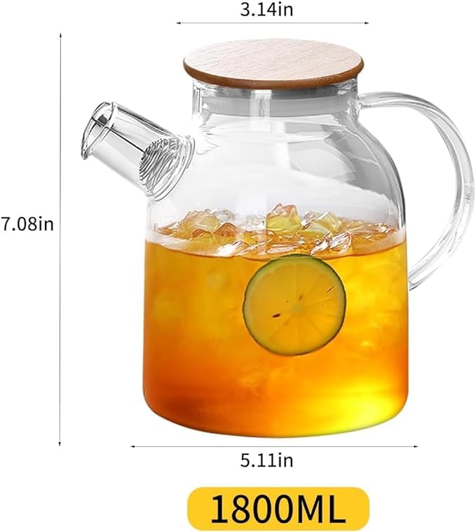 Image of Glass Jug with Lid Ice Tea Water Jug Hot Water Ice Tea Drinking Beverage Jug, Water Jug Glass Material with Wooden Lid, 1.8 Liter (TRANSPERENT)