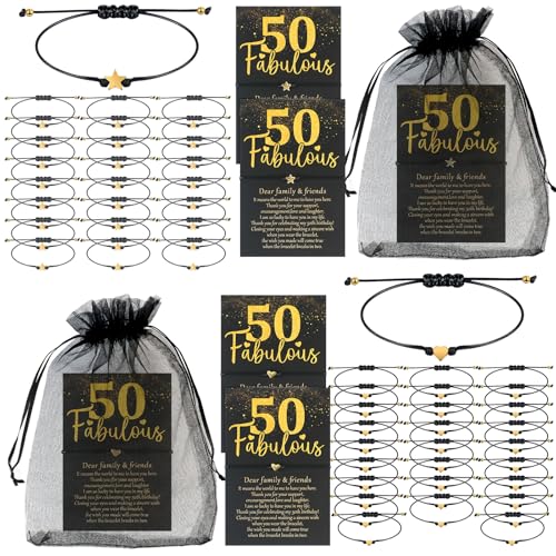 30/60 Set 50th Birthday Wish Bracelet Bulk Birthday Party Gift Favor for Guest Adjustable Heart Star Charm Friendship Bracelet with Make A Wish Card Organza Bag for Anniversary Souvenir