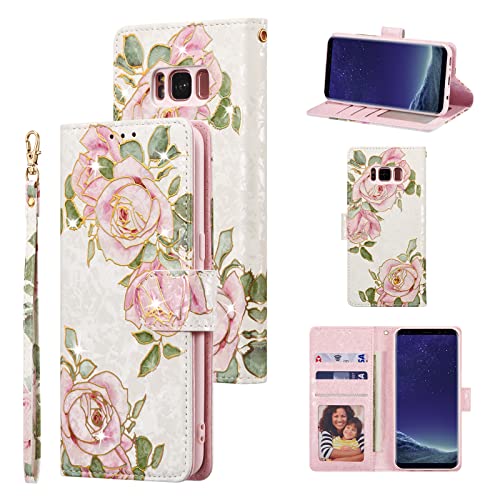 Ueebai Wallet Case For Samsung Galaxy S8, Pu Leather Phone Case Kickstand Rfid Blocking Flip Case With Card Slots Wrist Strap Relief Engraved Pattern Magnetic Closure Folio Case - White Rose #TOP26