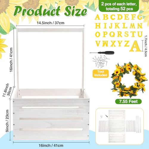 Image of Juexica Wooden Baby Shower Crate Closet, Sunflower Theme Baby Basket with Handle and Garland Letter, Storage Crate Hamper, DIY Basket for Pregnancy New Parent(White)