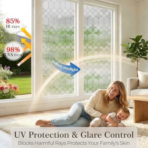 Image of SUNBABY Reeded Glass Window Privacy Film, Decorative Frosted Glass Window Film for Bathroom & Front Door, 3D Static Cling Window Coverings Day and Night Privacy Sun Heat Blocking (35.4 x 157.4 Inch)