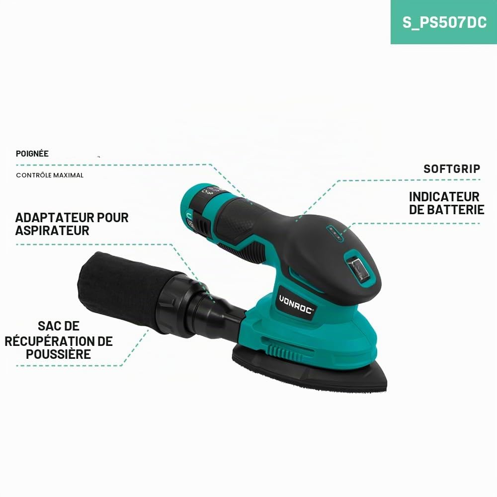 VONROC Ponceuse Delta 12V Verte – Compacte & Ergonomique pour Coins et Détails – avec Batterie 2.0Ah, USB-C, Sac à Poussière et Abrasifs – Ponçage Bois, Peinture, Meubles